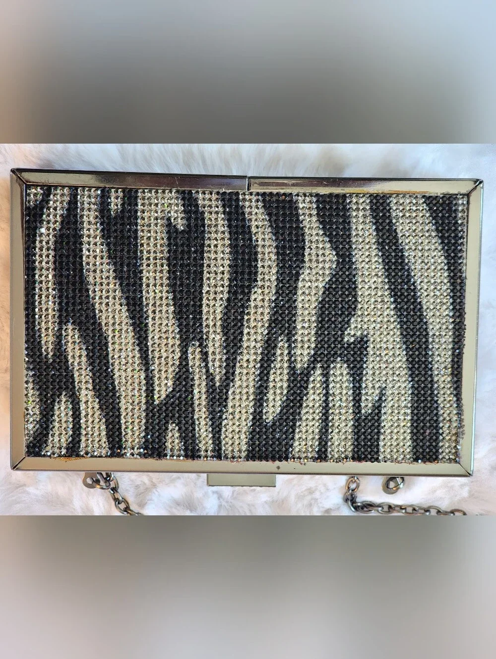 Black & Silver Rhinestone Zebra Print Box Clutch with Chain Strap